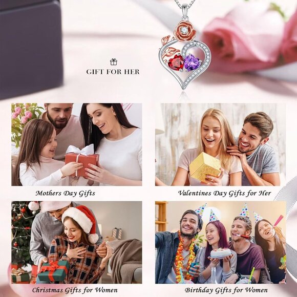 Sterling Silver Double Heart Birthstone Necklace with Rose Flower Design for Wom - Picture 7 of 7